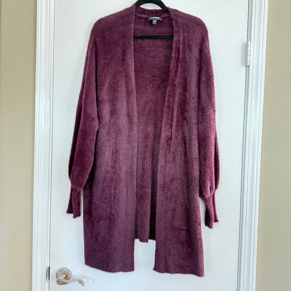 Express Women's Fuzzy Balloon Sleeve Cardigan, Eggplant color Size XL NWT